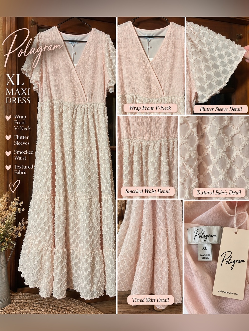 Polagram XL Blush Pink Textured Maxi Dress Smocked Romantic Cottagecore NWT